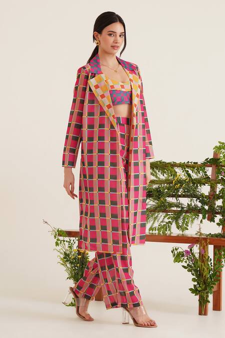 Shop_Sunandini_Fuchsia Viscose Sweetheart Neck, Ada Checkered Colour Block Coat Pant Set _Online_at_Aza_Fashions