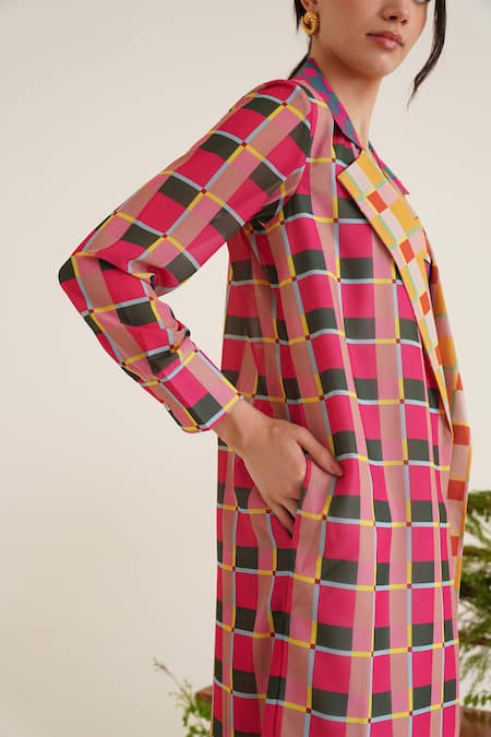 Sunandini_Fuchsia Viscose Sweetheart Neck, Ada Checkered Colour Block Coat Pant Set _at_Aza_Fashions