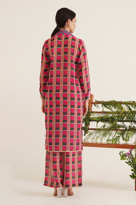 Shop_Sunandini_Fuchsia Viscose Ada Checkered Colour Block Coat _at_Aza_Fashions