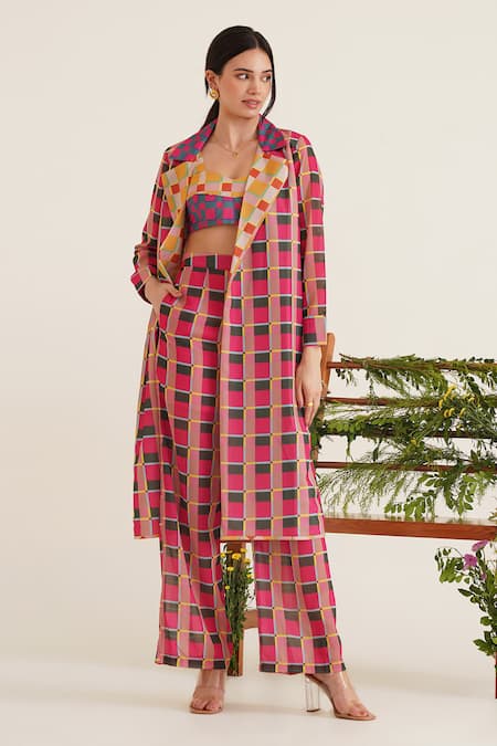 Sunandini_Fuchsia Viscose Ada Checkered Colour Block Coat _Online_at_Aza_Fashions