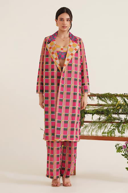 Buy_Sunandini_Fuchsia Viscose Ada Checkered Colour Block Coat _Online_at_Aza_Fashions