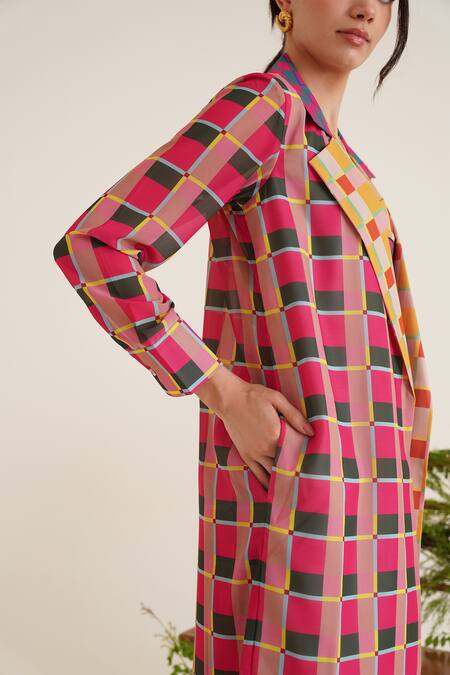 Sunandini_Fuchsia Viscose Ada Checkered Colour Block Coat _at_Aza_Fashions