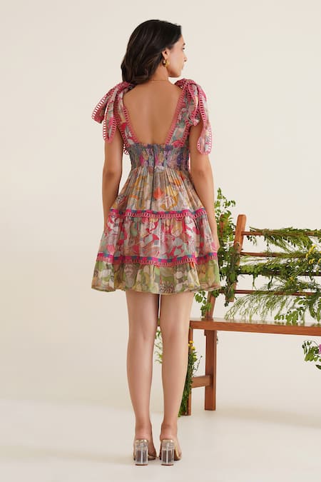 Shop_Sunandini_Multi Color Cotton Lace, Embroidery V-neck Billie Floral Block Printed Dress _at_Aza_Fashions