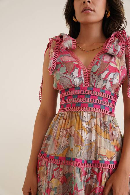 Shop_Sunandini_Multi Color Cotton Lace, Embroidery V-neck Billie Floral Block Printed Dress _Online_at_Aza_Fashions