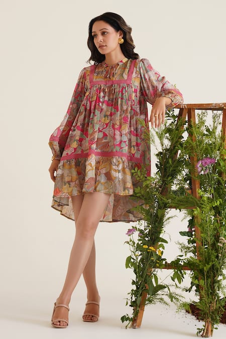 Sunandini_Pink Cotton Embroidery, Lace Mandarin Collar Cerci Printed High-low Tunic Dress _Online_at_Aza_Fashions