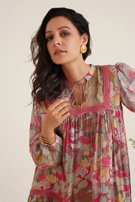Shop_Sunandini_Pink Cotton Embroidery, Lace Mandarin Collar Cerci Printed High-low Tunic Dress _Online_at_Aza_Fashions