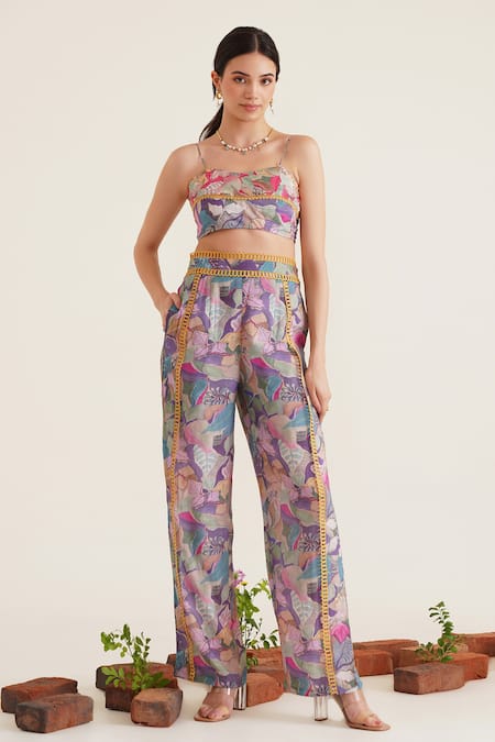 Sunandini_Purple Cotton Embroidery, Lace Sweetheart Neck Clara Floral Printed Bralette _Online_at_Aza_Fashions