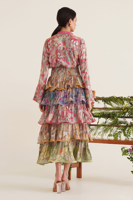 Shop_Sunandini_Multi Color Cotton Lace, Embroidery Coco Printed Blouse With Tiered Skirt _at_Aza_Fashions