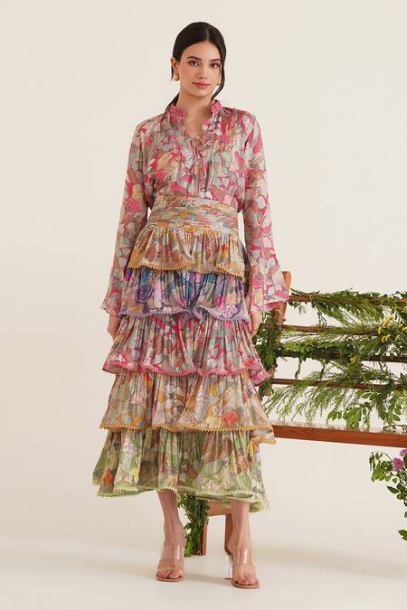 Sunandini_Multi Color Cotton Lace, Embroidery Coco Printed Blouse With Tiered Skirt _Online_at_Aza_Fashions
