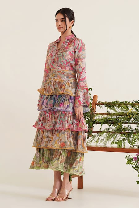 Buy_Sunandini_Multi Color Cotton Lace, Embroidery Coco Printed Blouse With Tiered Skirt _Online_at_Aza_Fashions