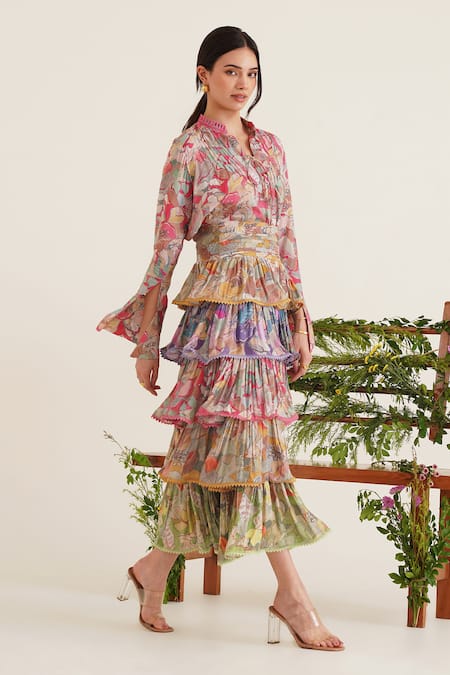 Shop_Sunandini_Multi Color Cotton Lace, Embroidery Coco Printed Blouse With Tiered Skirt _Online_at_Aza_Fashions