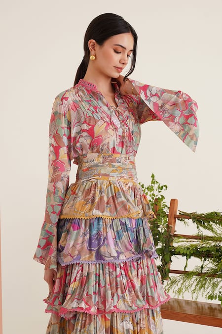 Sunandini_Multi Color Cotton Lace, Embroidery Coco Printed Blouse With Tiered Skirt _at_Aza_Fashions