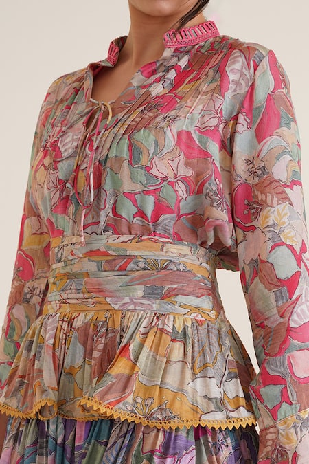 Buy_Sunandini_Multi Color Cotton Lace, Embroidery Coco Printed Blouse With Tiered Skirt 