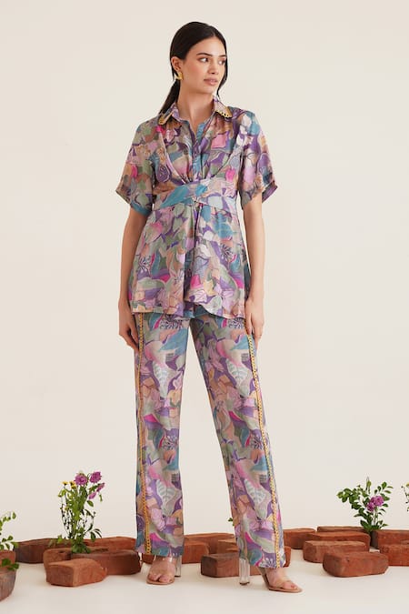 Sunandini_Purple Cotton Embroidery Collared Edith Printed Cross Tie Shirt _Online_at_Aza_Fashions