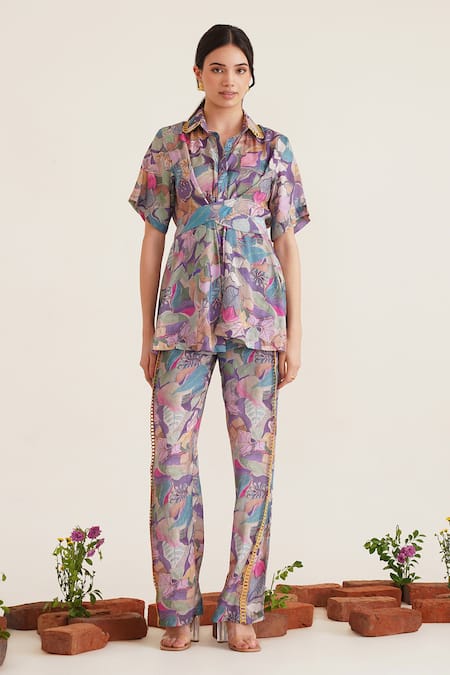 Buy_Sunandini_Purple Cotton Embroidery Collared Edith Printed Cross Tie Shirt _Online_at_Aza_Fashions