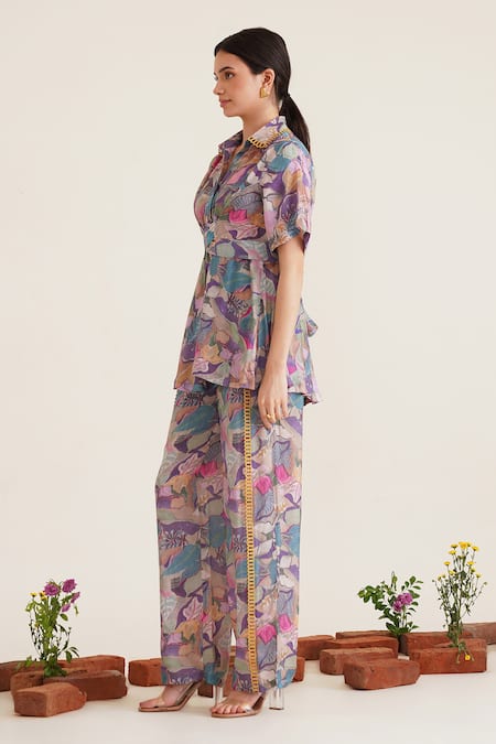 Shop_Sunandini_Purple Cotton Embroidery Collared Edith Printed Cross Tie Shirt _Online_at_Aza_Fashions