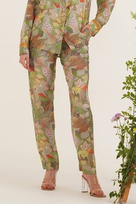 Sunandini_Green Cotton Lace Shawl Neck Eliza Printed Shirt With Pant _Online_at_Aza_Fashions