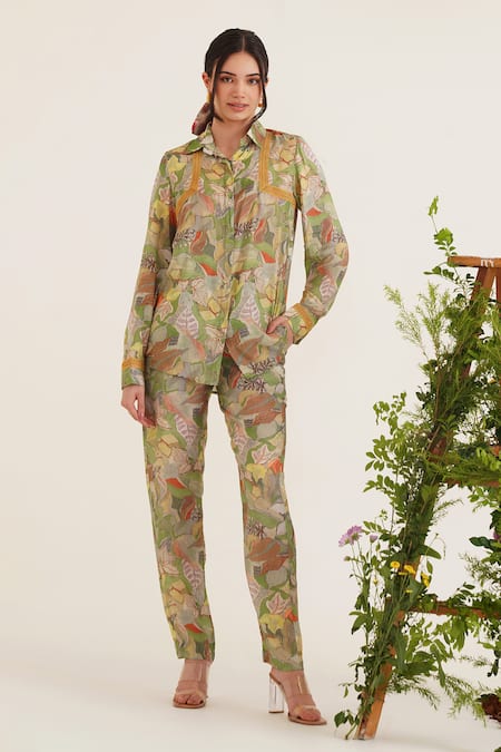 Sunandini Green Cotton Lace Collared Eliza Floral Print Shirt Online at Aza Fashions Sunandini_Green Cotton Lace Collared Eliza Floral Print Shirt _Online_at_Aza_Fashions