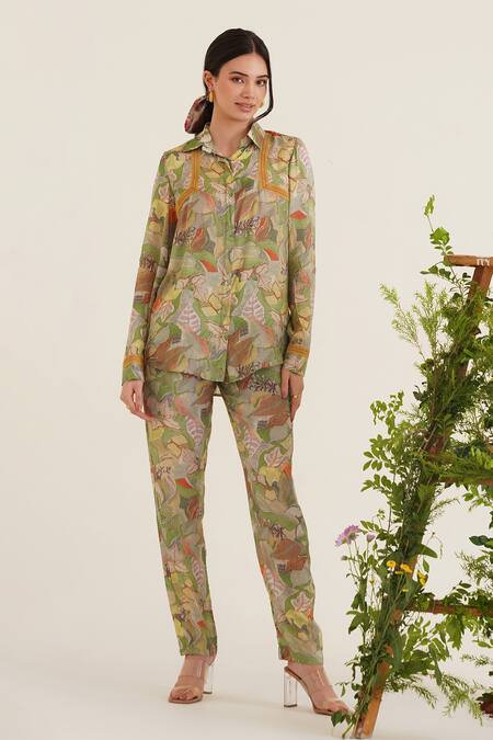 Buy Sunandini Green Cotton Lace Collared Eliza Floral Print Shirt Online at Aza Fashions Buy_Sunandini_Green Cotton Lace Collared Eliza Floral Print Shirt _Online_at_Aza_Fashions