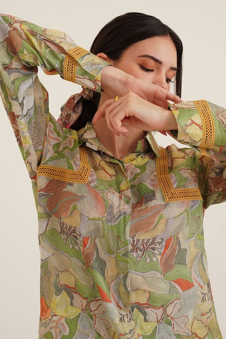 Shop Sunandini Green Cotton Lace Collared Eliza Floral Print Shirt Online at Aza Fashions Shop_Sunandini_Green Cotton Lace Collared Eliza Floral Print Shirt _Online_at_Aza_Fashions