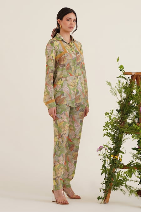 Sunandini Green Cotton Lace Collared Eliza Floral Print Shirt at Aza Fashions Sunandini_Green Cotton Lace Collared Eliza Floral Print Shirt _at_Aza_Fashions