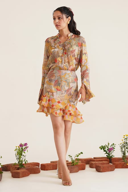 Sunandini Yellow 100% Cotton Printed Floral Mandarin Emily Pintuck Blouse With Mini Skirt 