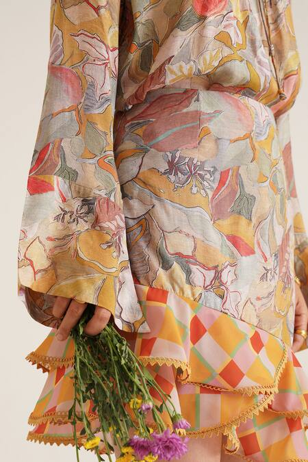 Buy_Sunandini_Yellow Cotton Embroidery, Lace Emily Printed Pintuck Blouse With Mini Skirt _Online_at_Aza_Fashions