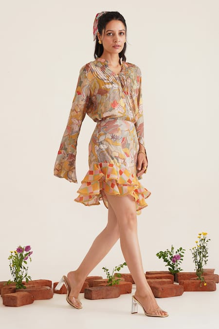 Shop_Sunandini_Yellow Cotton Emily Printed Mini Skirt _at_Aza_Fashions