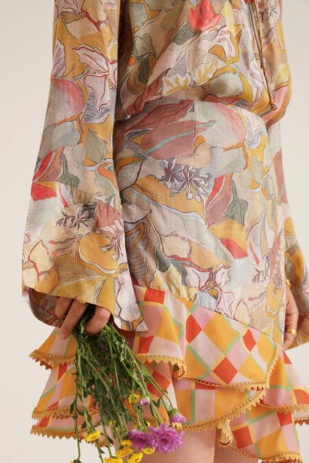 Sunandini_Yellow Cotton Emily Printed Mini Skirt _Online_at_Aza_Fashions