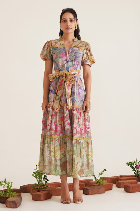 Sunandini_Multi Color Cotton Lace Mandarin Collar Florence Printed Tiered Dress _Online_at_Aza_Fashions