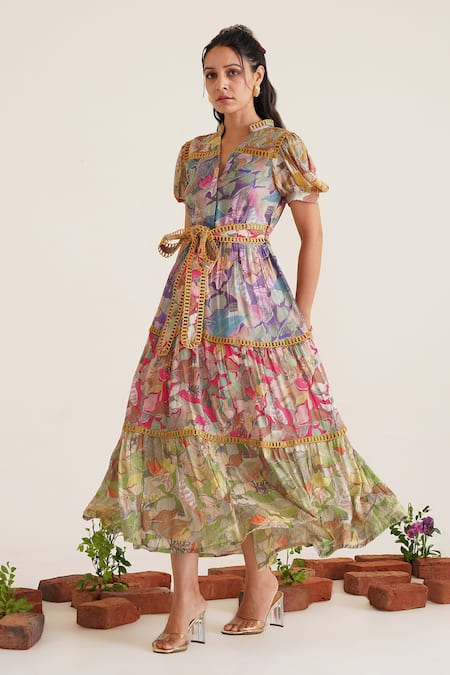 Buy_Sunandini_Multi Color Cotton Lace Mandarin Collar Florence Printed Tiered Dress _Online_at_Aza_Fashions