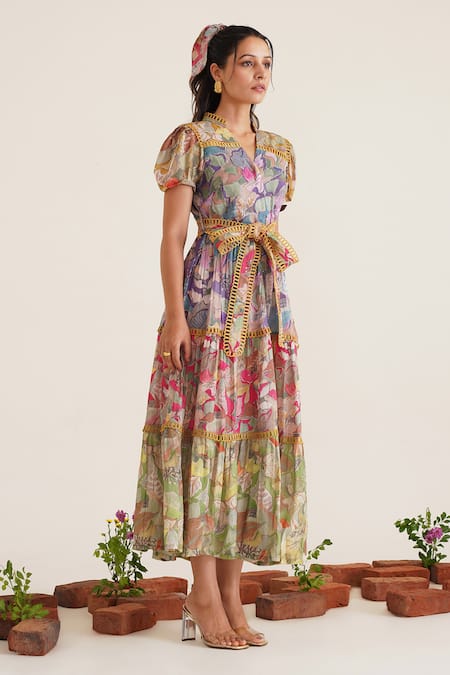 Shop_Sunandini_Multi Color Cotton Lace Mandarin Collar Florence Printed Tiered Dress _Online_at_Aza_Fashions
