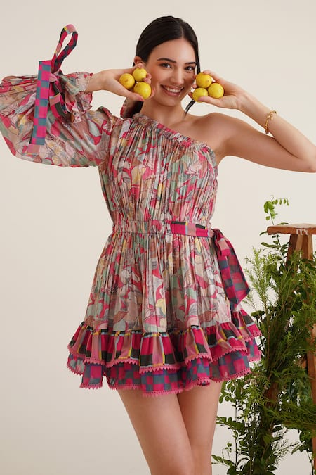 Sunandini_Pink Cotton Embroidery One Shoulder Frida Printed Skot Dress _at_Aza_Fashions