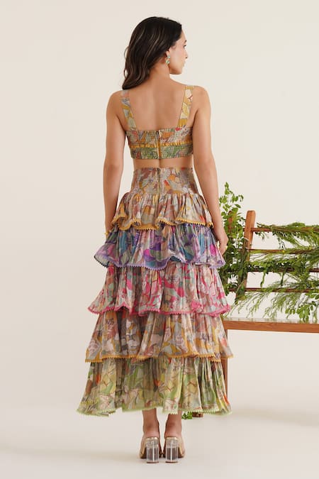 Shop Sunandini Multi Color Cotton Embroidery, Lace Gaia Floral Print Bralette With Tiered Skirt at Aza Fashions Shop_Sunandini_Multi Color Cotton Embroidery, Lace Gaia Floral Print Bralette With Tiered Skirt _at_Aza_Fashions