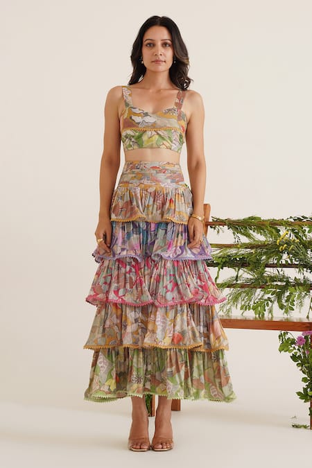 Sunandini Multi Color Cotton Embroidery, Lace Gaia Floral Print Bralette With Tiered Skirt Online at Aza Fashions Sunandini_Multi Color Cotton Embroidery, Lace Gaia Floral Print Bralette With Tiered Skirt _Online_at_Aza_Fashions