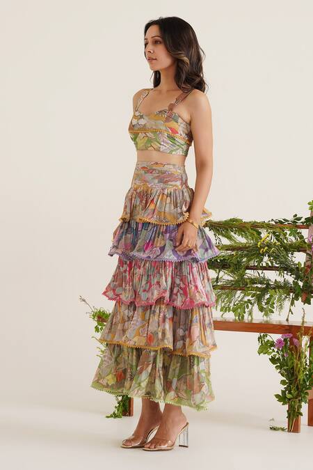 Buy Sunandini Multi Color Cotton Embroidery, Lace Gaia Floral Print Bralette With Tiered Skirt Online at Aza Fashions Buy_Sunandini_Multi Color Cotton Embroidery, Lace Gaia Floral Print Bralette With Tiered Skirt _Online_at_Aza_Fashions