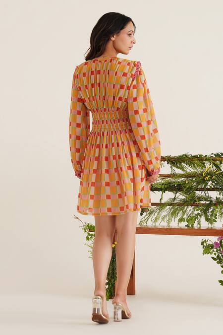 Shop_Sunandini_Yellow 100% Viscose Georgette Printed Checkered V-neck Greda Dress _at_Aza_Fashions