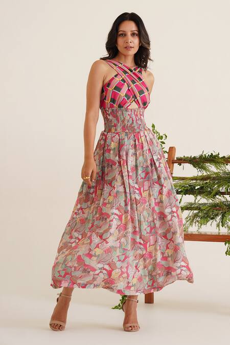 Buy_Sunandini_Pink Cotton, Viscose Embroidery Asymmetric Harriet Colour Block Printed Dress _Online_at_Aza_Fashions