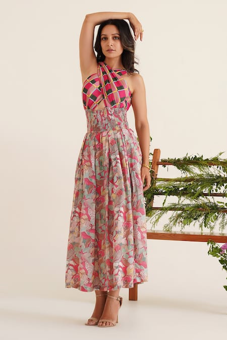 Shop_Sunandini_Pink Cotton, Viscose Embroidery Asymmetric Harriet Colour Block Printed Dress _Online_at_Aza_Fashions