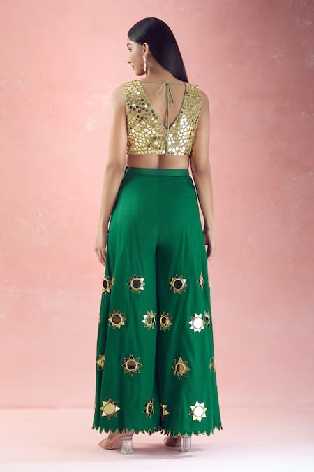 The Pink Penguin By Charmy Mirror Embroidered V-Neck Blouse With Pant 