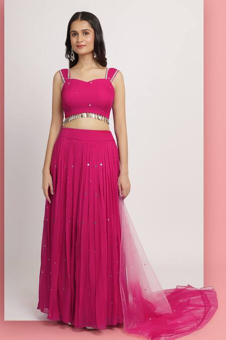 Bha Sha_Magenta Georgette, Net Embroidery, Mirrors, Applique Aaradhyta Lehenga Set _Online_at_Aza_Fashions