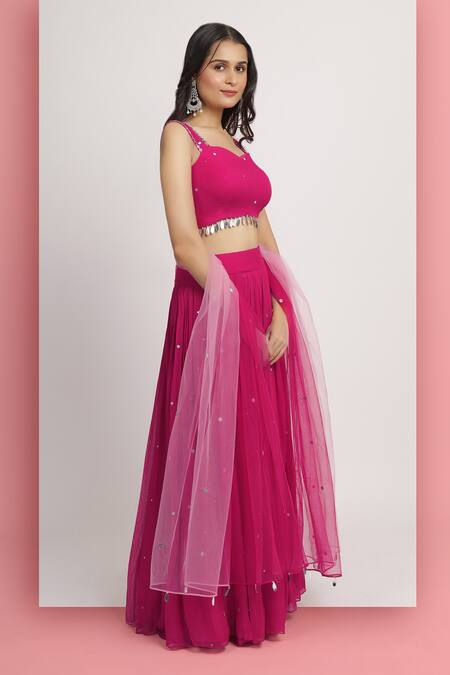 Buy_Bha Sha_Magenta Georgette, Net Embroidery, Mirrors, Applique Aaradhyta Lehenga Set _Online_at_Aza_Fashions