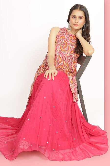 Buy_Bha Sha_Magenta Modal, Satin, Georgette Alina Floral Print Asymmetric Tunic With Lehenga _Online_at_Aza_Fashions