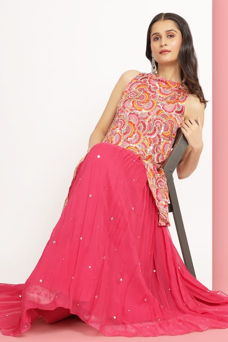 Shop_Bha Sha_Magenta Modal, Satin, Georgette Alina Floral Print Asymmetric Tunic With Lehenga _Online_at_Aza_Fashions