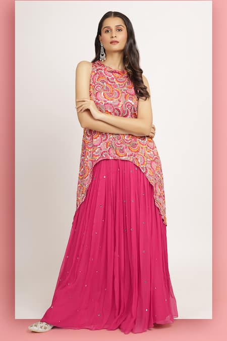 Bha Sha_Magenta Modal, Satin, Georgette Alina Floral Print Asymmetric Tunic With Lehenga _at_Aza_Fashions