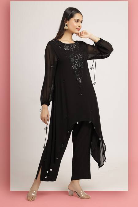 Buy_Bha Sha_Black Georgette, Cotton Beads, Archana Floral Embroidered A-line Tunic With Pant _Online_at_Aza_Fashions