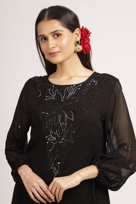 Shop_Bha Sha_Black Georgette, Cotton Beads, Archana Floral Embroidered A-line Tunic With Pant _Online_at_Aza_Fashions