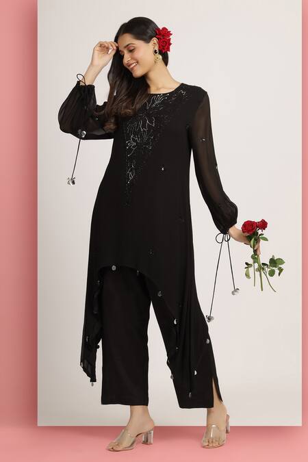 Bha Sha_Black Georgette, Cotton Beads, Archana Floral Embroidered A-line Tunic With Pant _at_Aza_Fashions