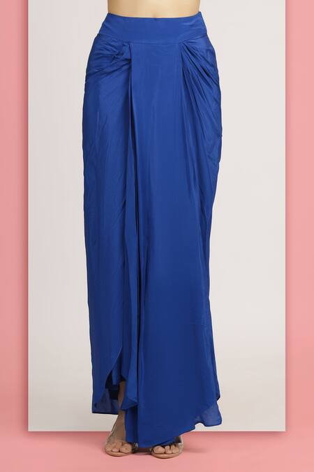 Bha Sha_Blue Crepe Mirrors, Beads Bahar Embroidered Asymmetric Draped Skirt With Bustier _Online_at_Aza_Fashions
