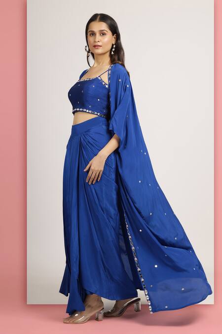 Shop_Bha Sha_Blue Denim, Crepe Bahar Embroidered Kaftan Style Cape And Draped Skirt Set _Online_at_Aza_Fashions